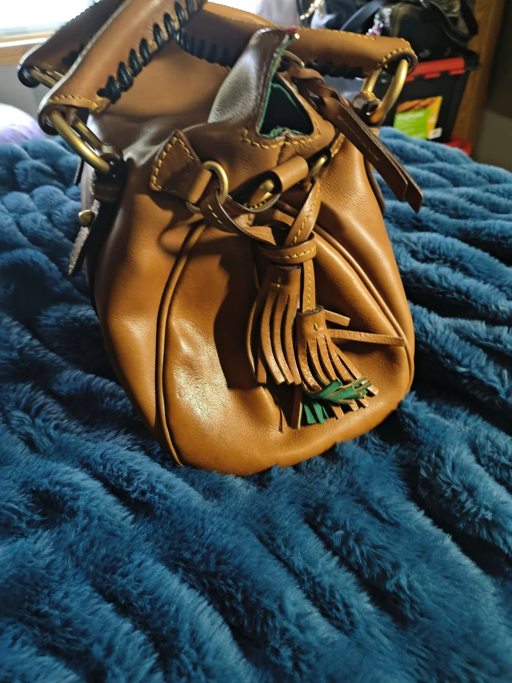 Dooney and Bourke Florentine Large Leather Satchel Handbag in Cognac Brown